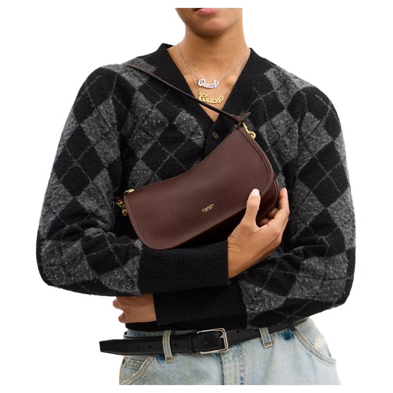 Coach Waverly 24 Brand Logo Grained Leather Shoulder Bag Medium Women's Maple Brown