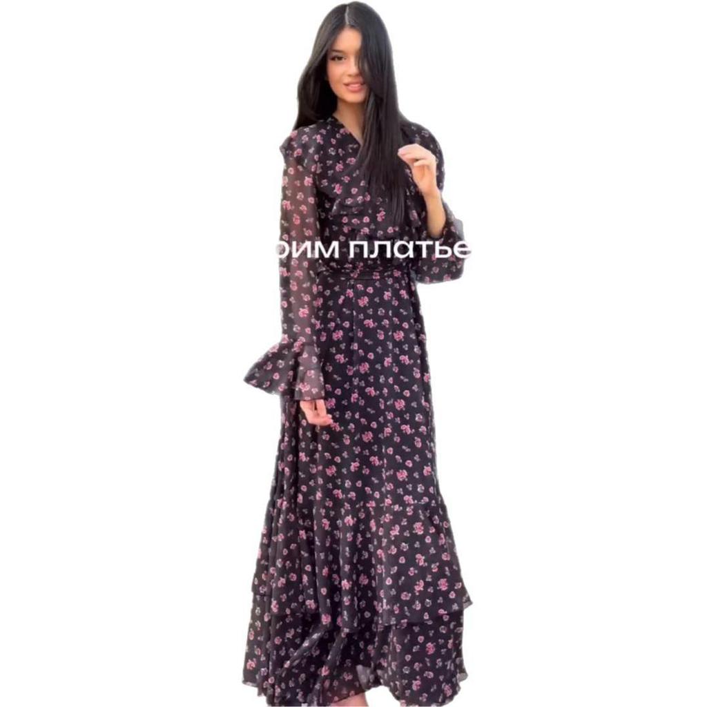 European-American Bell Sleeve Printed Evening Dress - Sexy, Stylish French Style Women's Clothing.