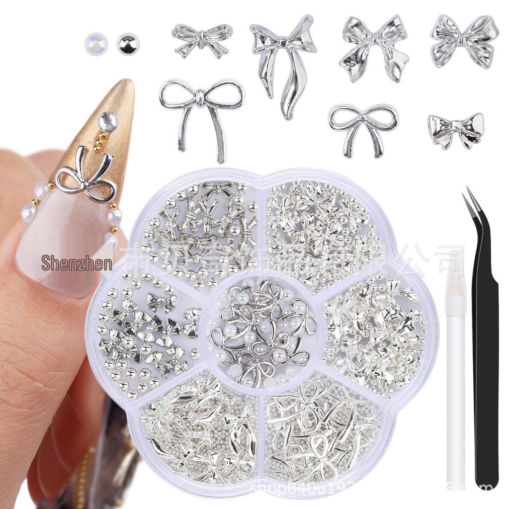 2026 Trendy Nail Art Rhinestones: Mixed Styles Metal Bow, Flat-Backed, Seven-Grids Nail Decorations