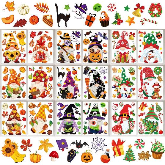 Whaline 18 Sheet Spring St. Patrick's Day Easter Window Clings Stickers Cute Gnome Window Decals Sunflower Bee Shamrock Easter Bunny Eggs Windows