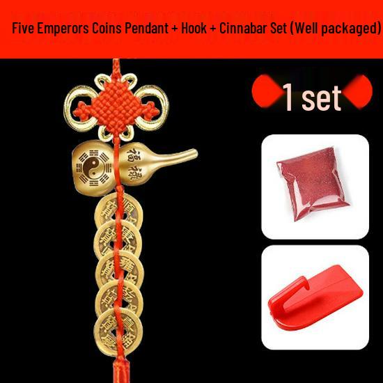 Hand-Woven Brass Five Emperors Coin Pendant with Small Gourd and Chinese Knot for Home Decoration