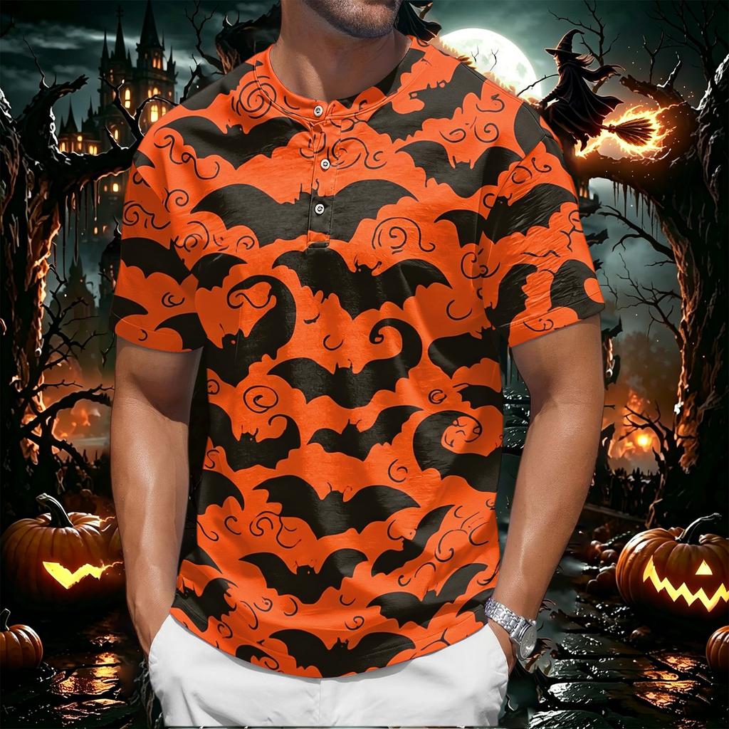 Men's Halloween Print Short Sleeve Henley Shirt Casual Round Neck Button Up Top for Seasonal Wear