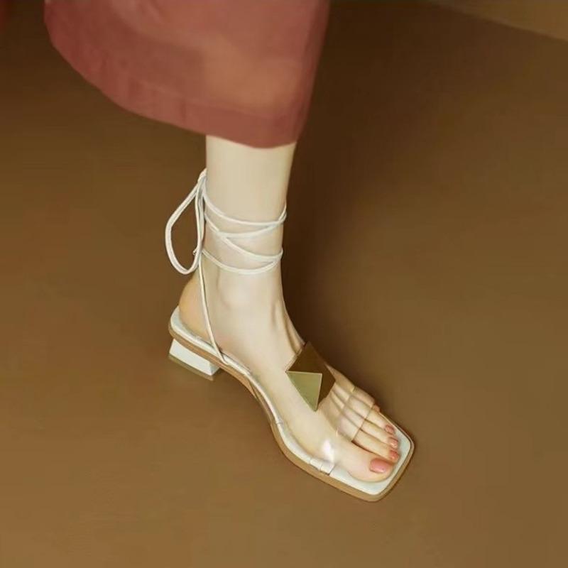 Square Heel Sandals New Summer Square Head Metal Buckle After The Cross Strap Soft Low Anti-slip Wear-resistant Heel Shoes