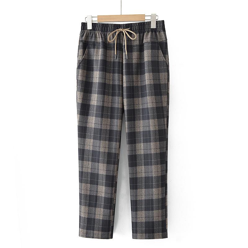 Spring Style Fashionable Plaid Elastic High Waist Pants for Middle-aged and Elderly Women
