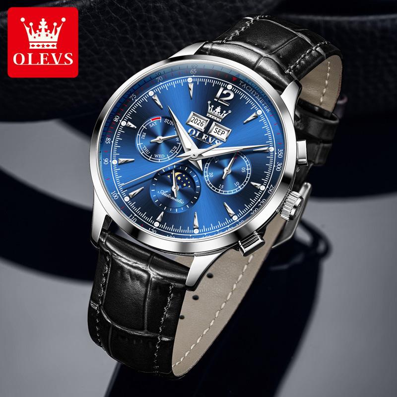 OLEVS Belt Perpetual Calendar Multi-function Moon Phase Mechanical Watch with Night Light for Men's Watch, Men's Timepiece