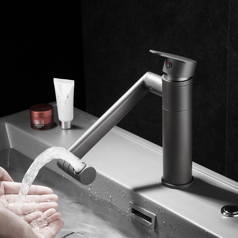 Gun Grey Bathroom Basin Faucet Deck Mounted Washbasin Faucet 360 Rotation Mix Hot And Cold Faucets Brass Sink Faucet
