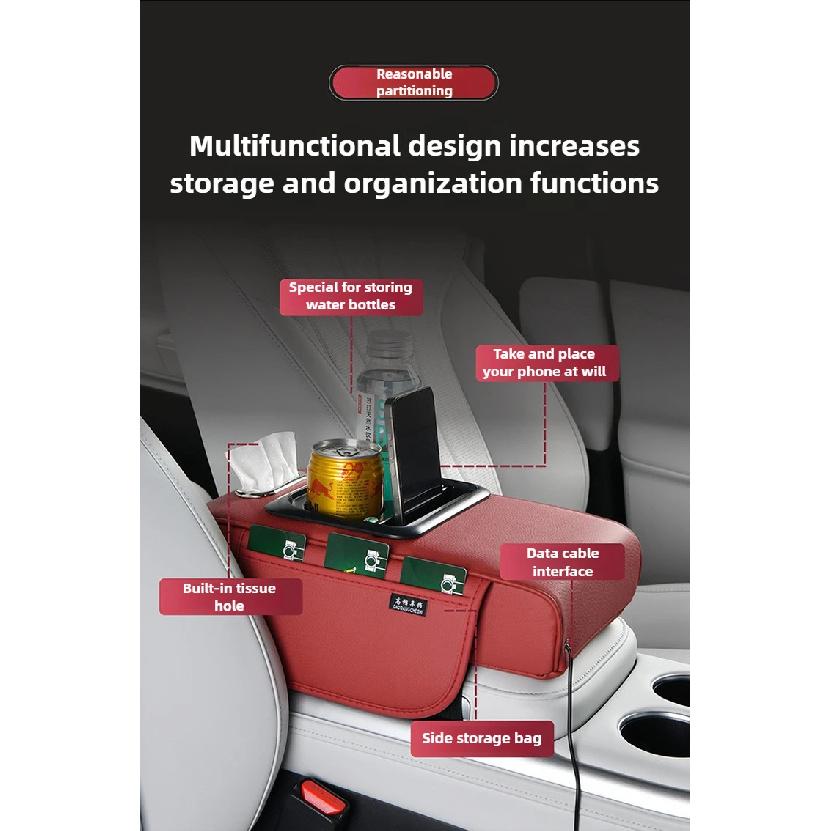 Multi-Function Car Armrest Box with USB Port - Storage Booster Pad Center Console Tissue Box And Water Cup Holder for Vehicle