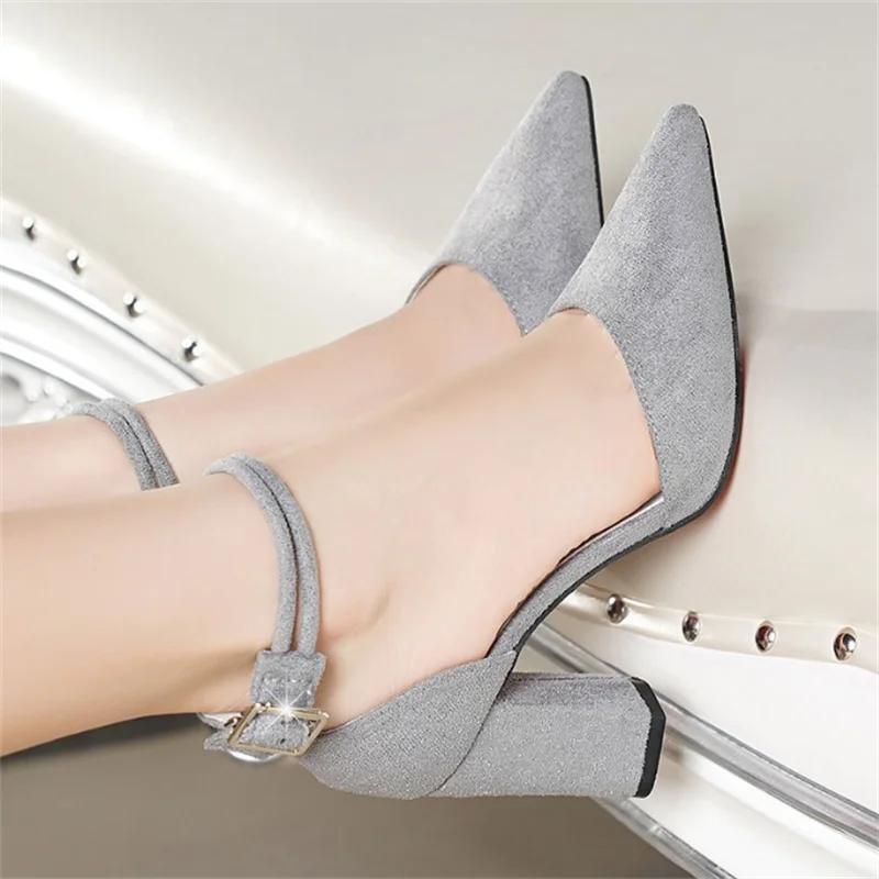 Women Pumps Women Pointed Toe Ankle Strap High Heels Shoes Summer Elegant Chunky Heel Suede Woman Office Shoes Female