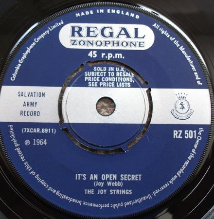 7inch Record JOY STRINGS - It's An Open Secret RZ501 Regal Zonophone 1964 UK Pop Used