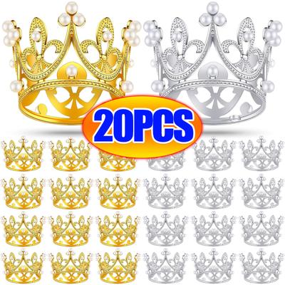 20/1Pcs Mini Coroa Decoração de Bolo Pérola Tiara Ouro Prata Coroas Topo de Bolo para Crianças Enfeites de Cabelo Casamento Festa de Aniversário