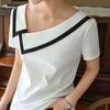 French Haute Couture Niche Design Black White Panelled Diagonal Neck Short Sleeved T-shirt Women's Patchwork Fashion Slim Top