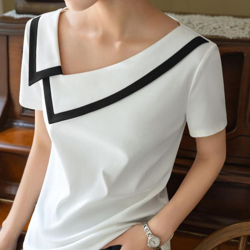 French Haute Couture Niche Design Black White Panelled Diagonal Neck Short Sleeved T-shirt Women's Patchwork Fashion Slim Top
