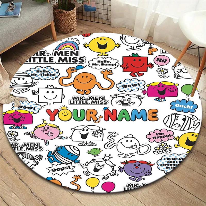 Mr. Men Little Miss Custom Name Round Area Rug,Carpet Rug for Living Room Bedroom Sofa Playroom Decor,Non-slip Floor Mat