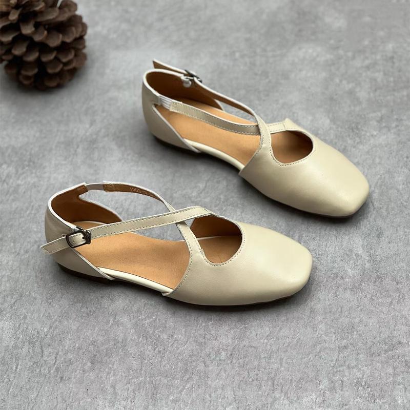 Johnature Handmade Genuine Leather Shallow Buckle Strap Sandals Versatile Soft Cowhide Women's Flat Shoes