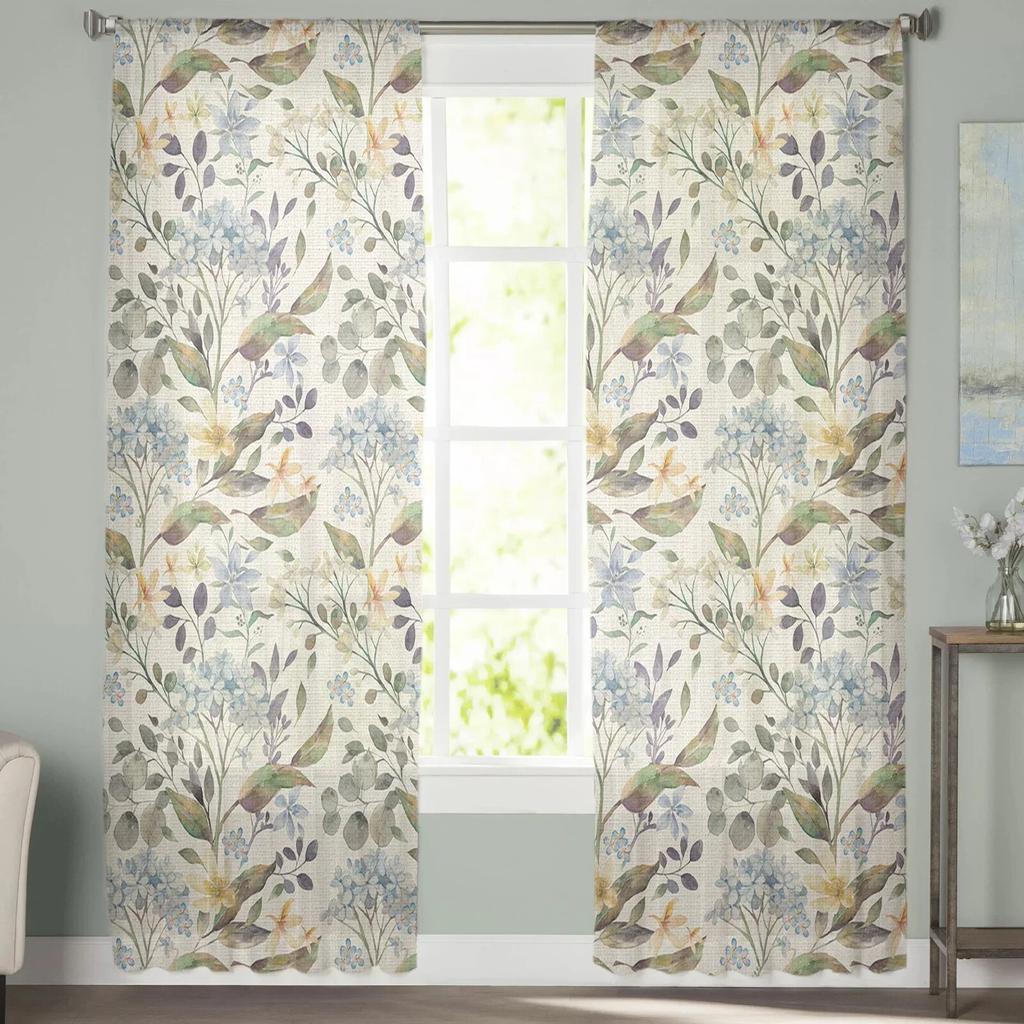 Spring Flowers Hydrangeas Sheer Curtains Transparent Voile Tulle for Bedroom Window Holiday Decoration