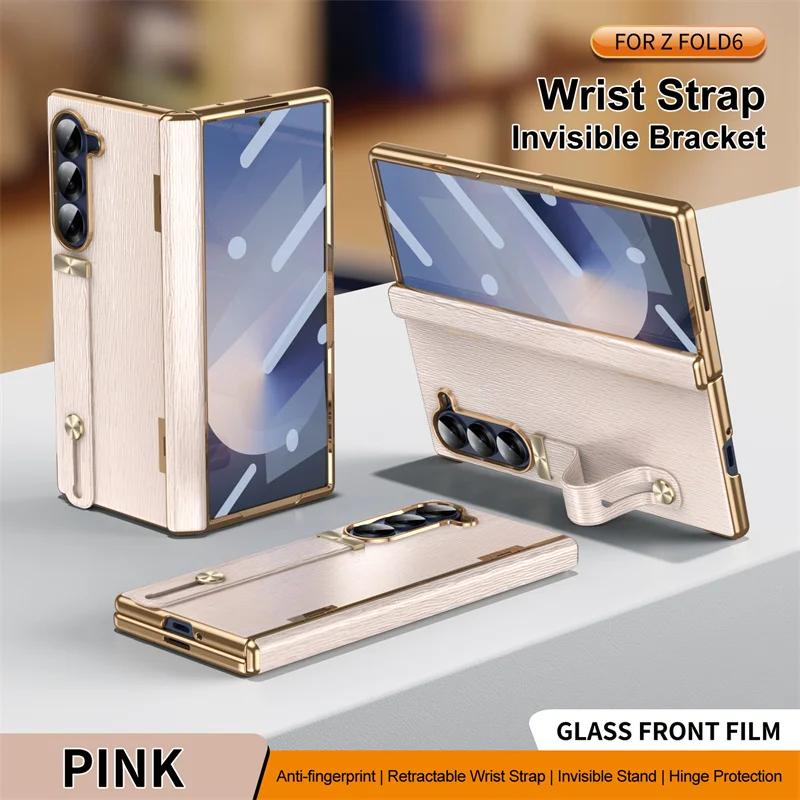 

Высококачественный гальванизированный кожаный держатель-браслет Чехол для телефона для Samsung Z Fold 7 3 4 5 6 Закаленная пленка Складная защитная крышка Galaxy Z Fold5 розовый
