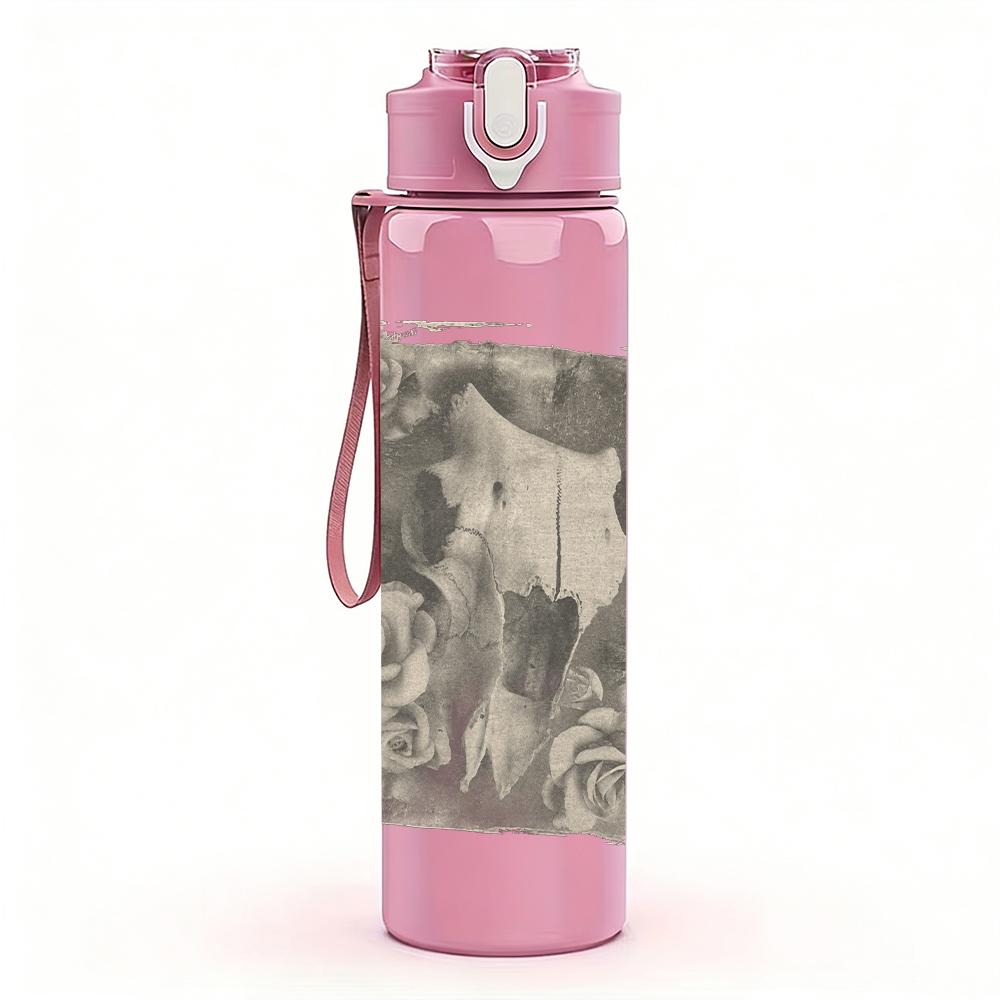 1PC Faded building monochrome sketch print 750ml colorful plastic sports water bottle leakproof pop up lid with straw for outdoor work home use