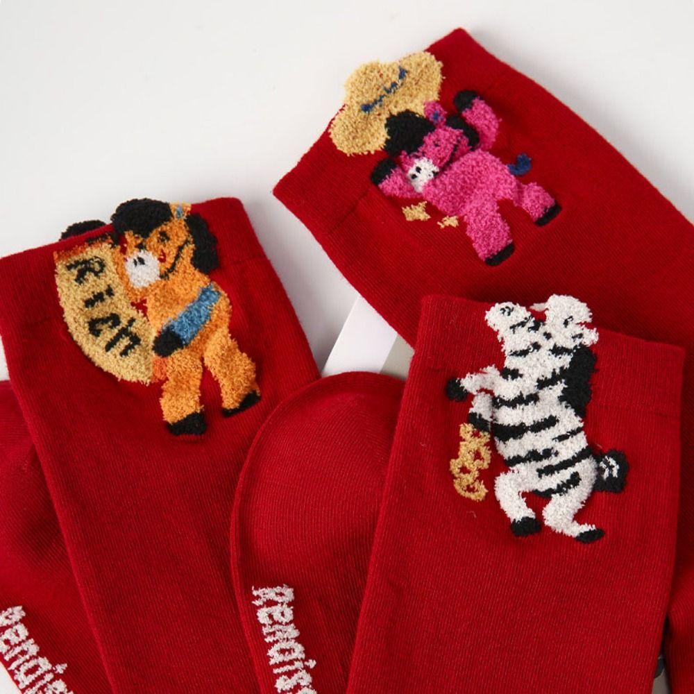 3Pairs Cartoon New Year Tube Socks Winter Autumn Zodiac Year Socks Year of The Horse Socks  Gift