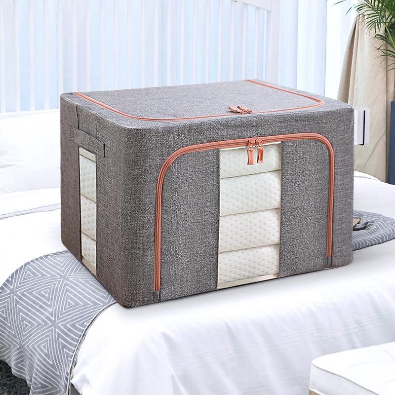 Large Capacity Foldable Storage Box, Cotton Linen Organizer with Steel Frame for Home Quilts and Clothes