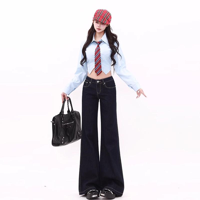 Autumn and winter new American dark blue micro-pull jeans women's loose large size fat mm horseshoe horn pants
