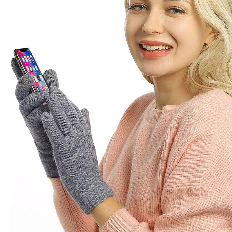 Winter Women's Double Layer Warm Touch Screen Knitted Gloves Wool Cold Proof Solid Color Plus Velvet Thickened Men's Outdoor Cycling Gloves