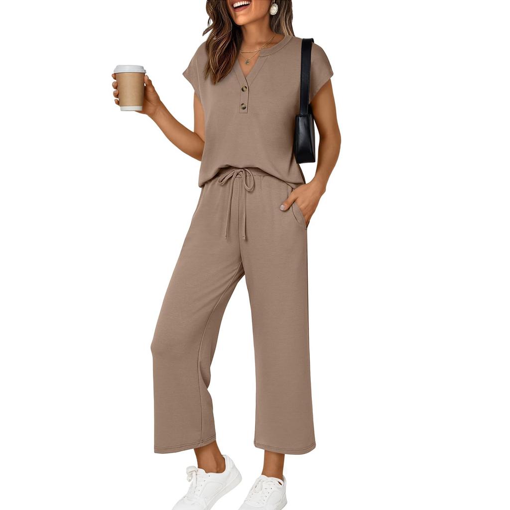 Women's Fashionable Casual Comfortable -Colour Small V-Neck Button-Front Short-Sleeved Two-Piece Suit