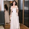 One-word Shoulder Satin Light Wedding Dress 1011 New High-end Niche White Bride Engagement Wedding Welcome Dress