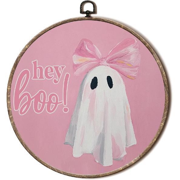 EGVQK Vintage Halloween Ghost Round Wall Art, Moody Wildflower Spooky Ghost Framed Canvas Prints Wall Art, Halloween Round Canvas Hanging Walls Decor