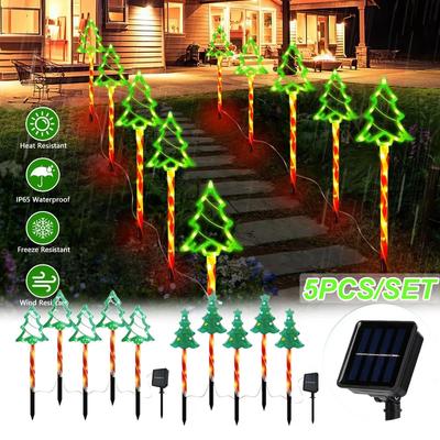 Set da 5 Pezzi Luci Solari ad Albero di Natale Caramella con Picchetto da Terra Lampada Impermeabile da Esterno per Prato Decorazione LED Luci da Giardino per Natale