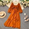 Gentle Style Dress Autumn SpringNew Female French Retro Square Collar Foreign Style Bubble Sleeve Chiffon Dresses