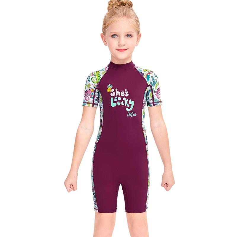 Children's Swimsuit Girl Middle Small Children One-piece Short-sleeved Box-suit Baby Sunscreen Quick-drying Hot