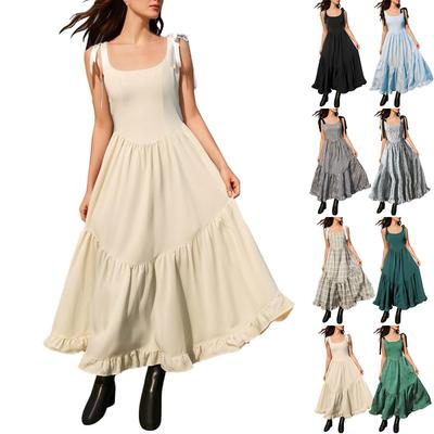 Women Boho Tie Shoulder Maxi Fashion Smocked Long Sleeveless Flowy Summer Tiered Beach Sundresses