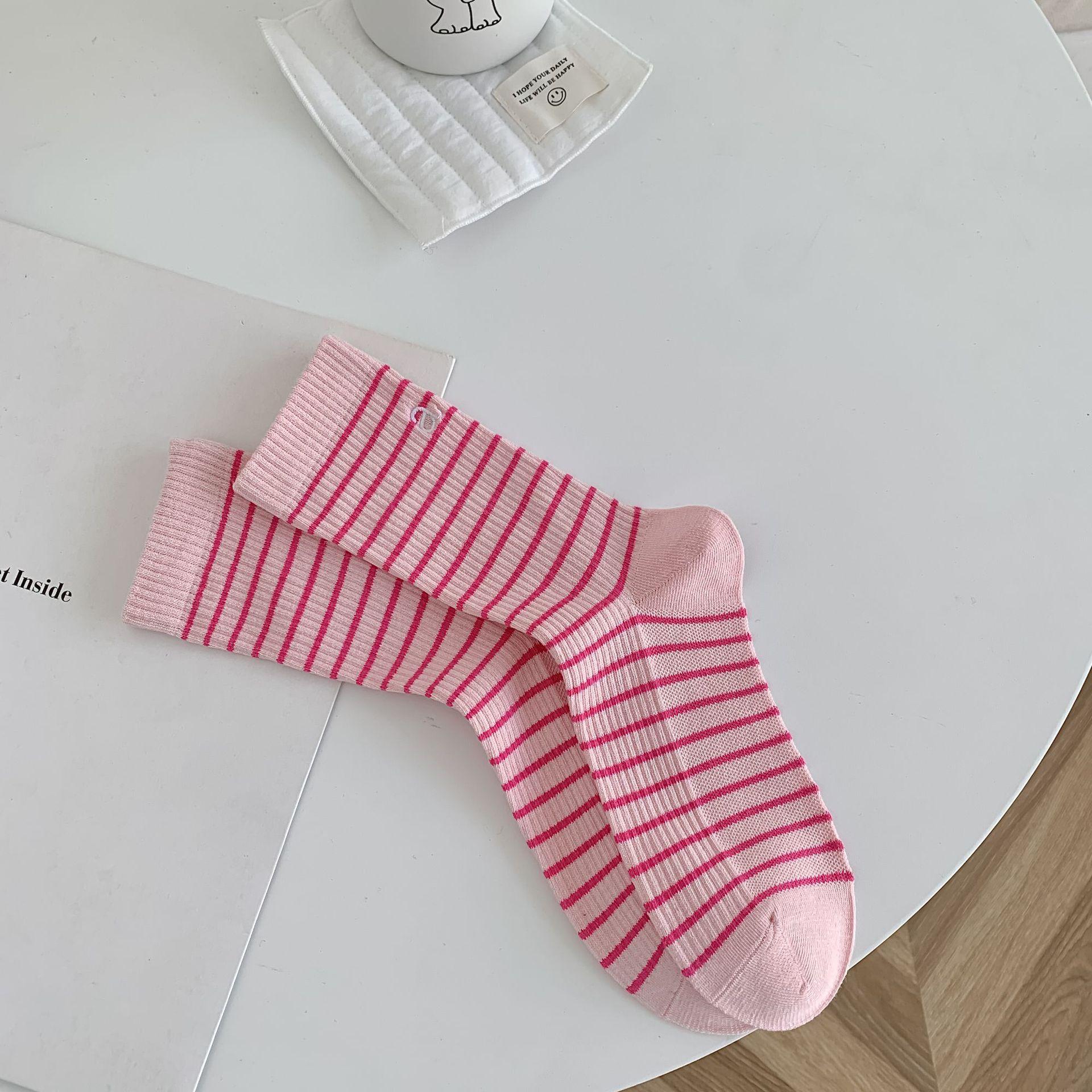 Double Needle Striped Socks Embroidery A Letter Women S Socks Mid-Tube Socks Trendy Black And White Fashion Stockings Pile Socks Xiaohongshu