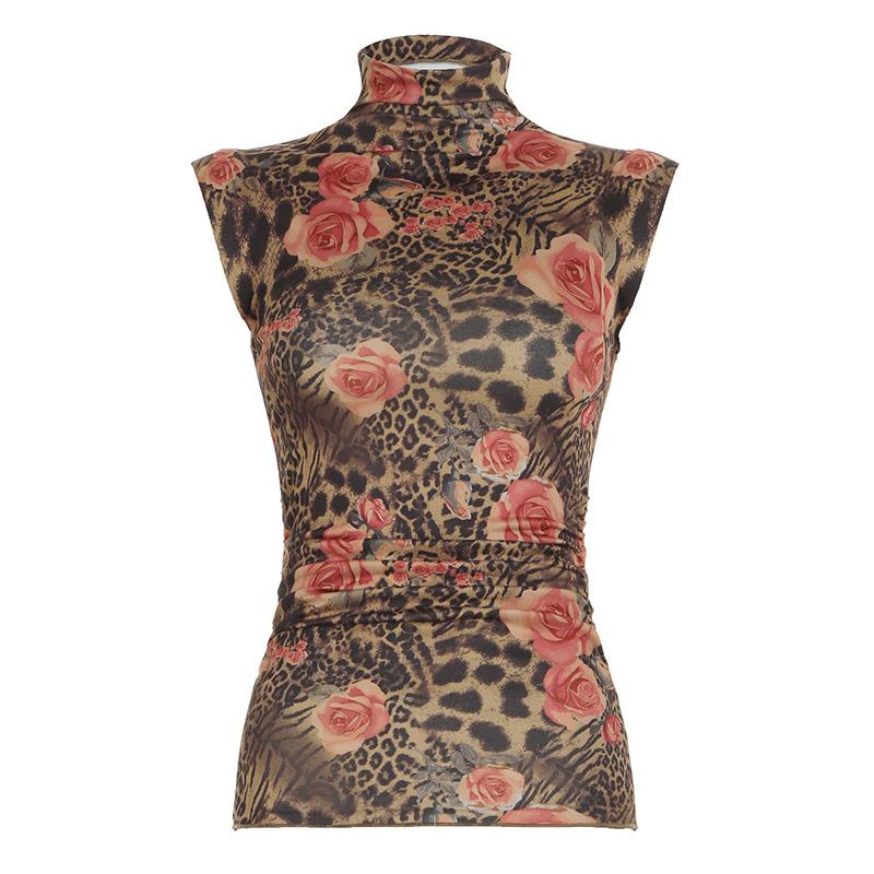 Women's Vintage Floral Print High Neck Sleeveless Spice Girls Street Clashing Colour Niche Pleated Waist Slimming Tank Top