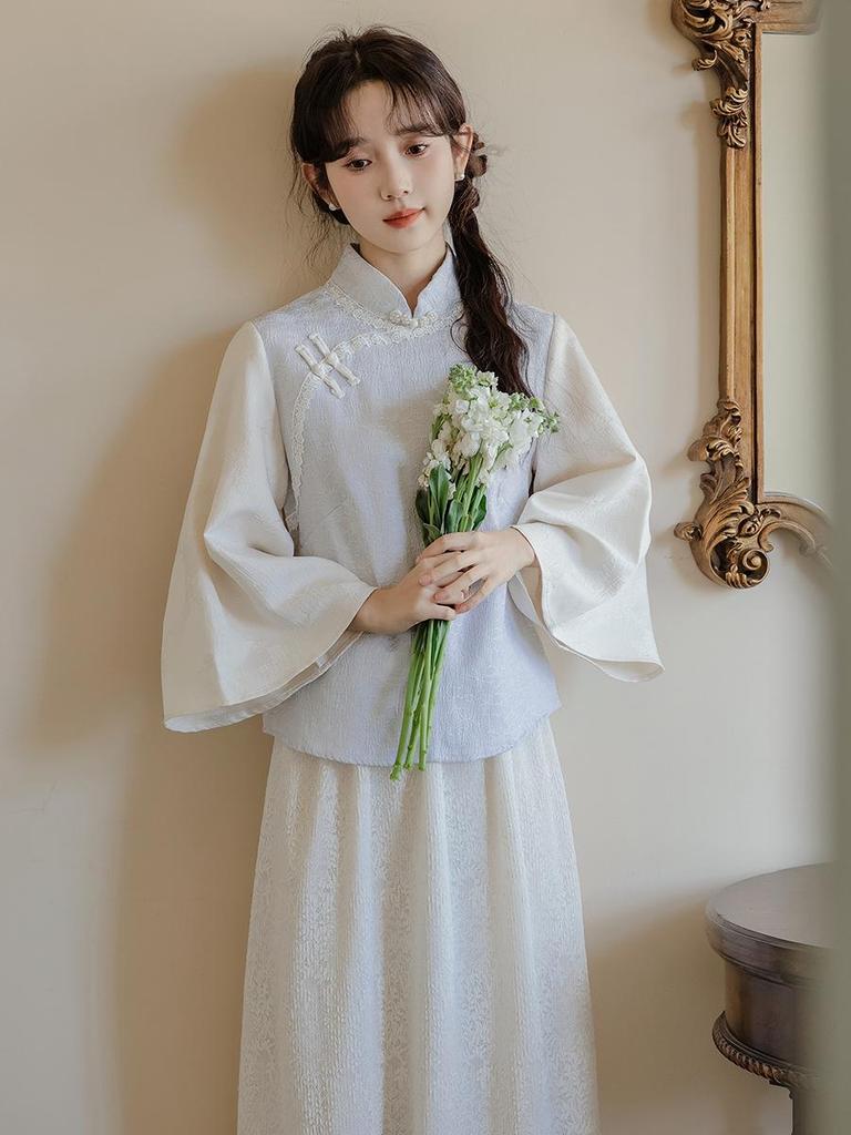 Zen Style Women's New Chinese National Set: Wide Sleeves Top & Lace Skirt.