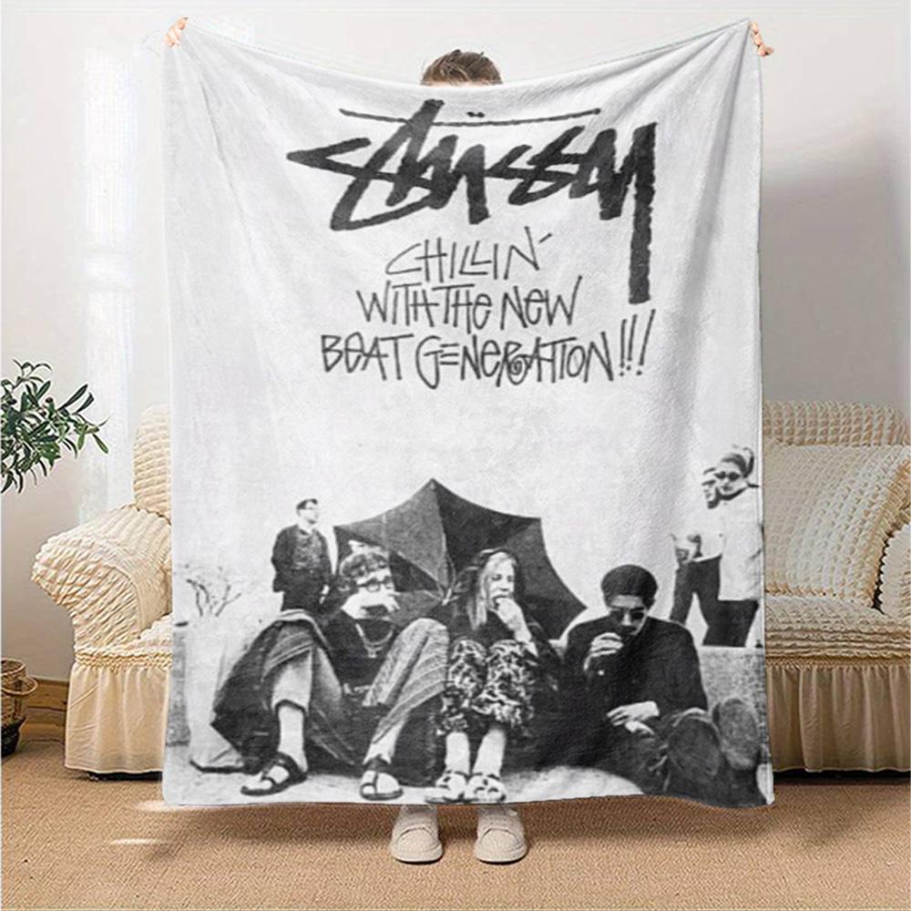Bowler Hat Skull Signature Logo Flannel Blanket, Black White Skeleton Street Art Soft Throw Blanket