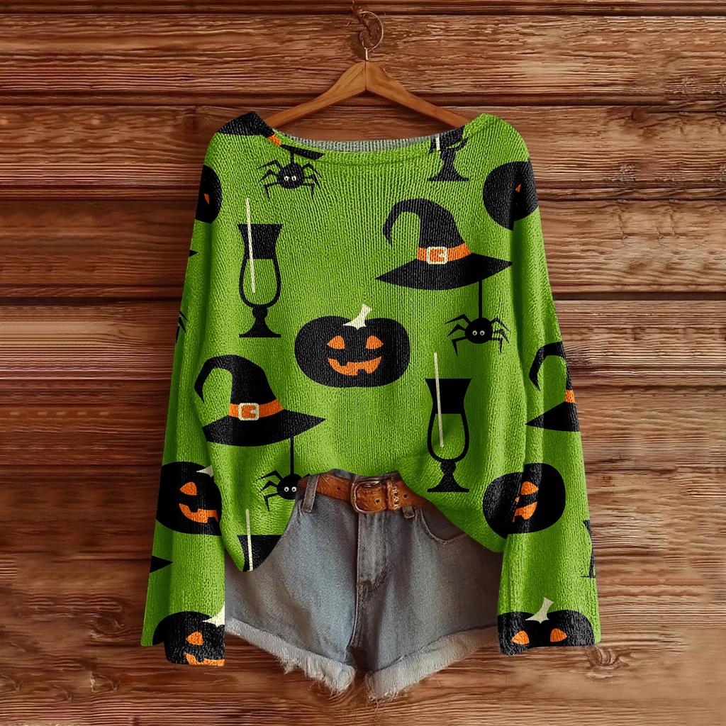 Women's Halloween Sweater, Bohemian Vintage Pattern Print Long Sleeve Knit Pullover