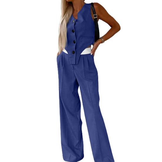 2 Pcs/Set Women Top Pants Suit Sleeveless V Neck Single-breasted Irregular Waistcoat Elastic High