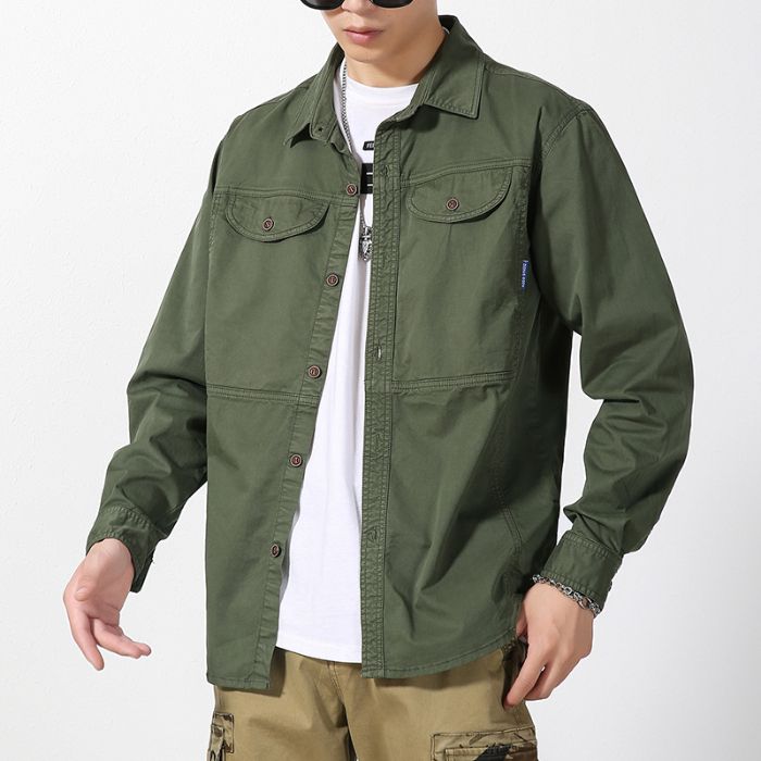 Men's Casual Long-Sleeved Shirt Trendy Brand Loose Fit Cotton Stretch Versatile Cargo Jacket Autumn Top