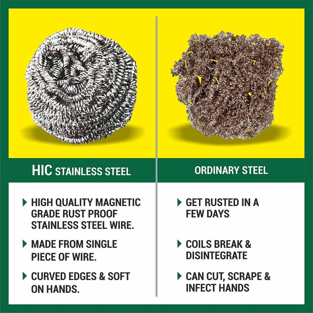 HIC Stainless Steel Scrubber 15gm with Free Green Nylon Srubpad Pad75x75 Mm (Pack of 6)