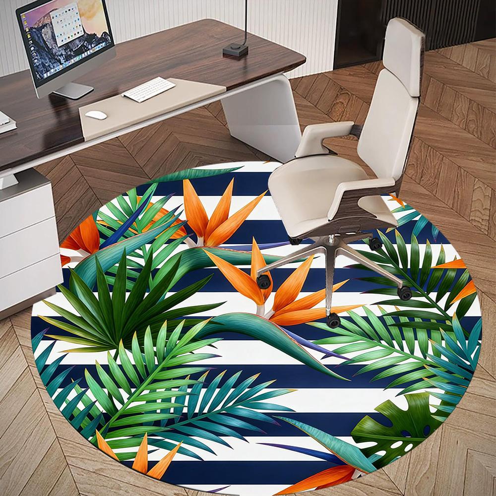 1pc Tropical Leaves Stripes Round Chair mat office Area Rug - Non-Slip, Floor Mat for Office, Bedroom, and Indoor Decor p127183