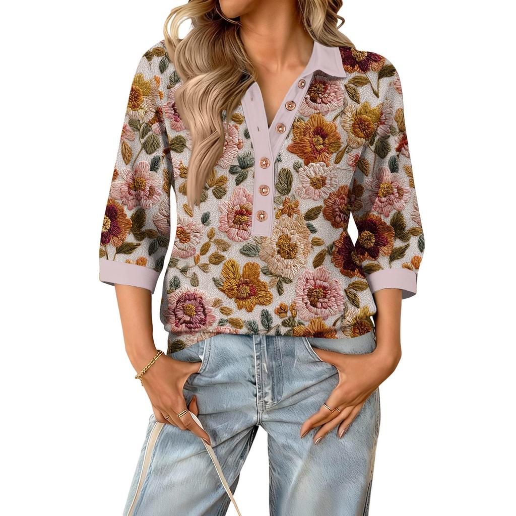 Damen modisches und lässiges Sommer V-Ausschnitt Patchwork Dreiviertelarm Blumenoberteil