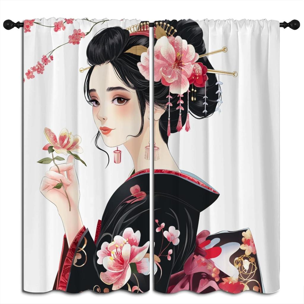 Japanese Geisha Blackout Curtains for Boys Girl Bedroom Home Decor, Kimono Pink Cherry Blossoms Anime Style Thermal Insulated