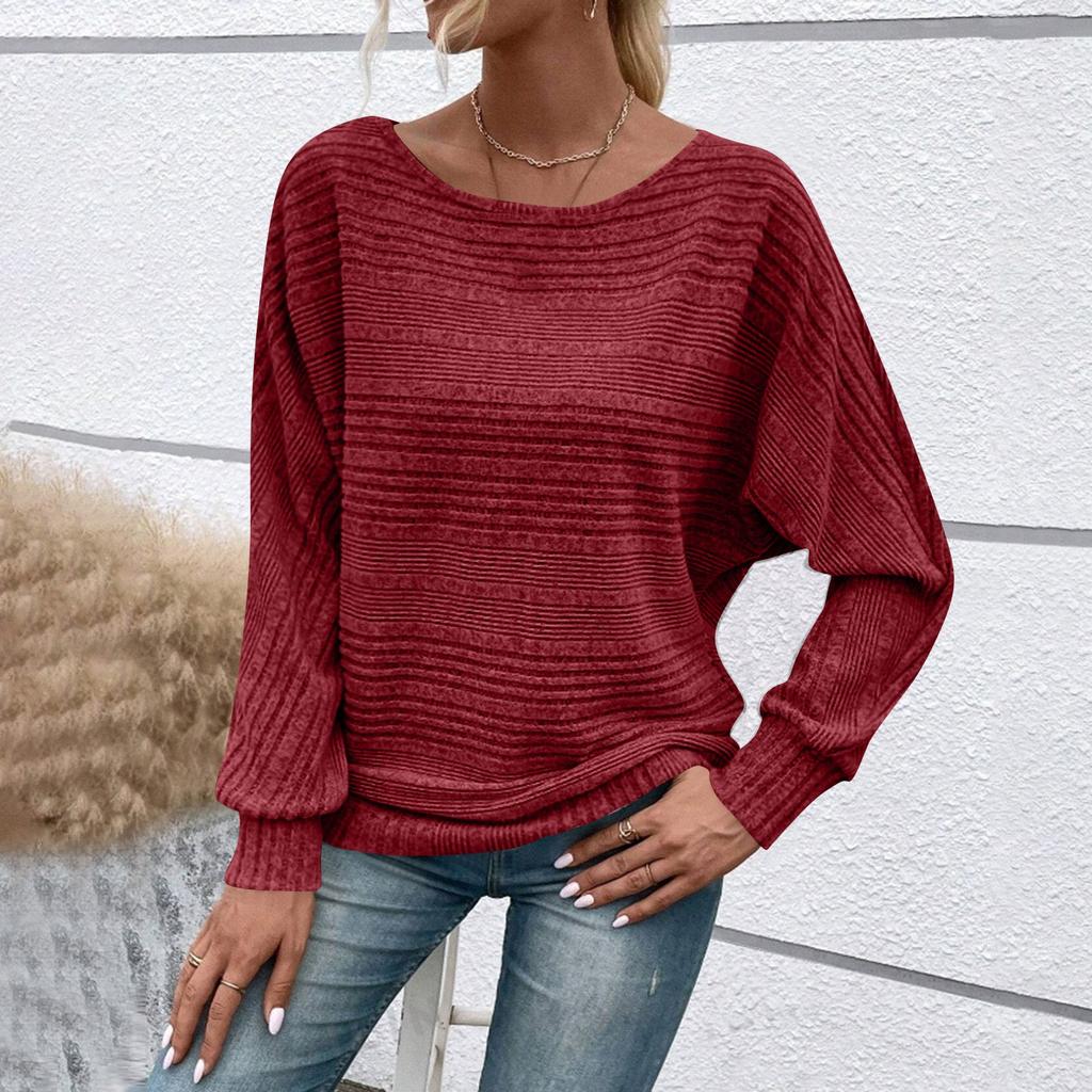 Women's Fashionable Solid Color Round Neck Long Sleeved Casual Pullover T-shirt Top