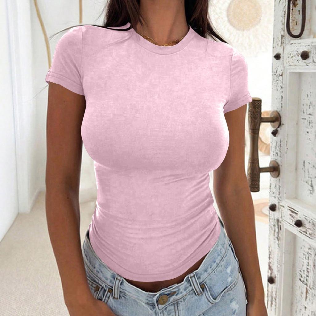 Women's Fashion Casual Round Neck Solid Color Short Sleeve Top