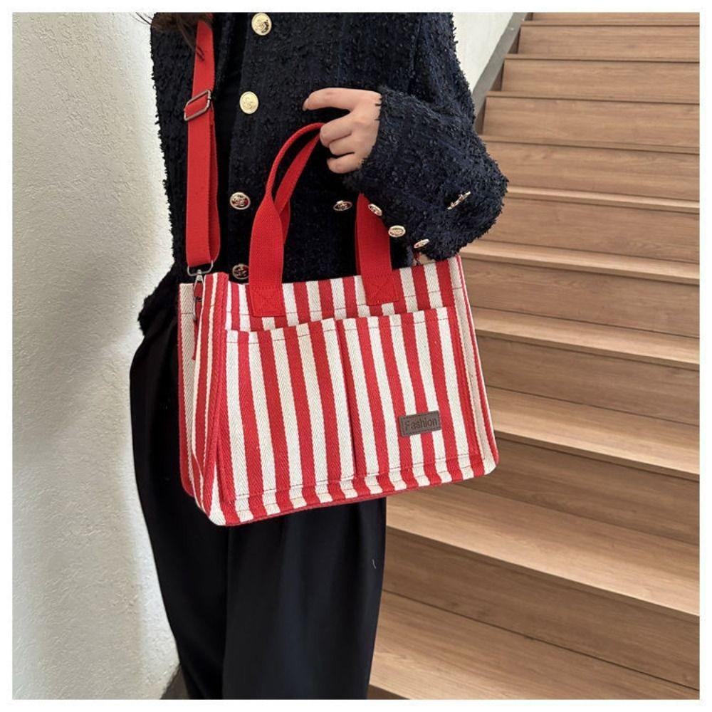 Korean Style Stripe Canvas Tote Bag Simple Cloth Handbag Cute Shoulder Bag  Shopping