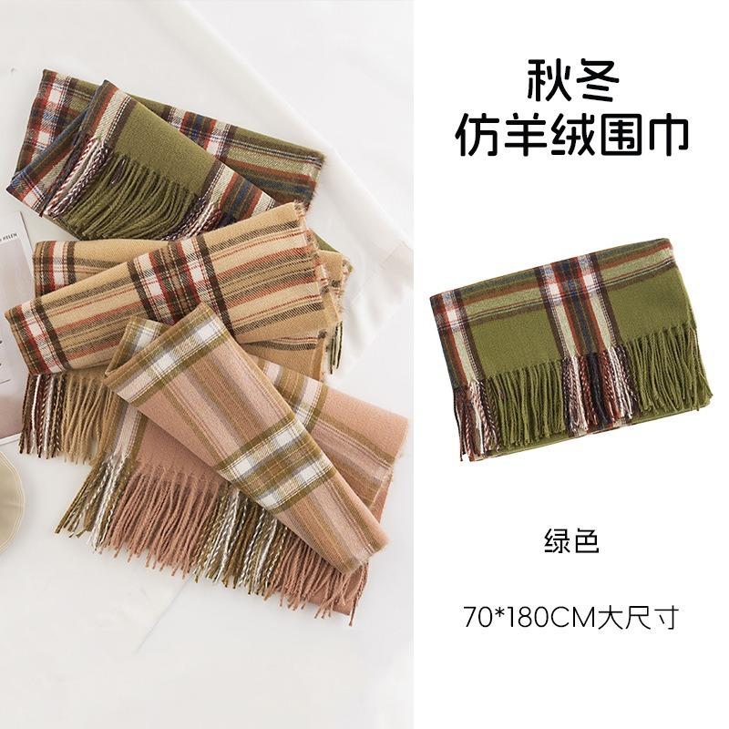 New winter imitation cashmere green retro plaid scarf women's fringed shawl warm scarf