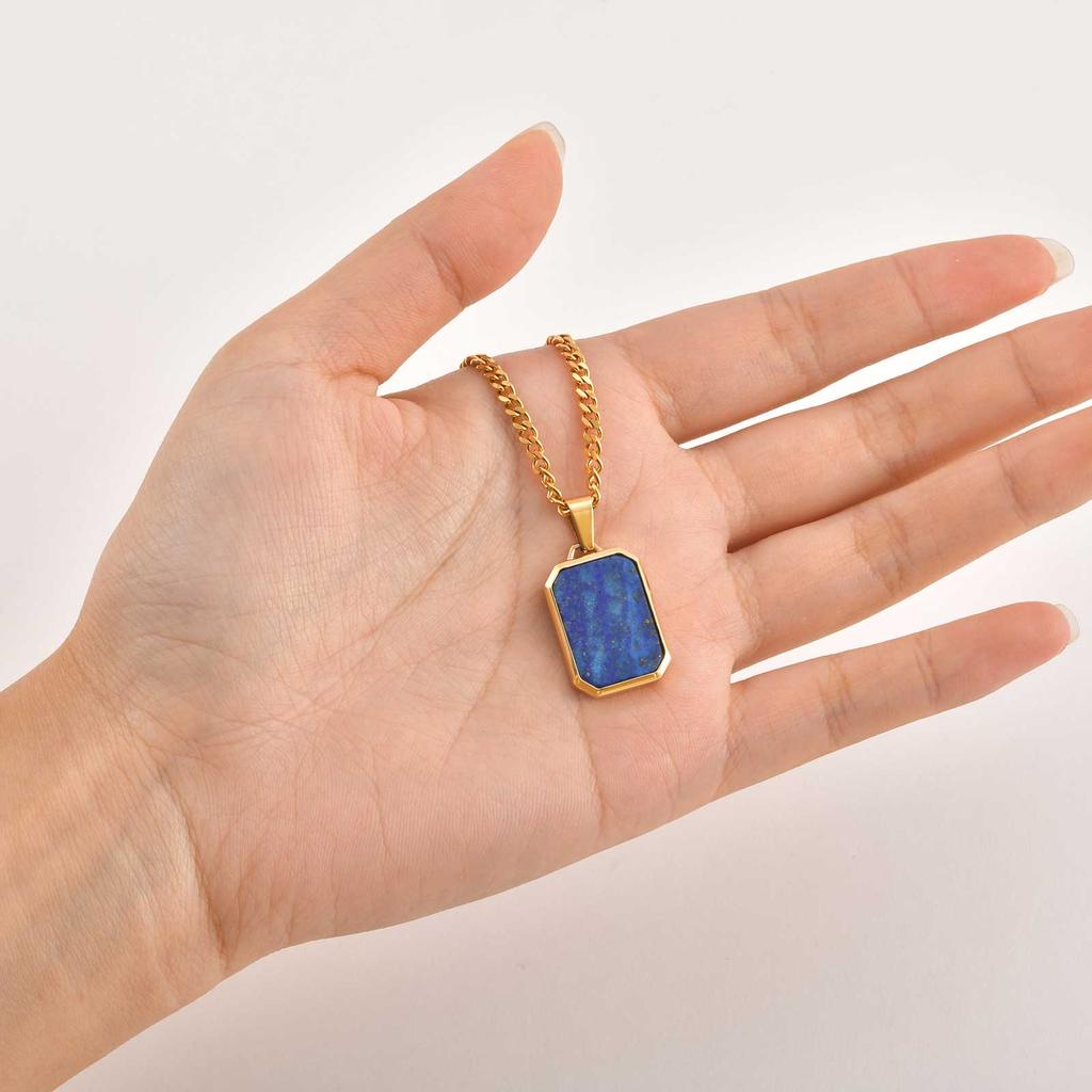 Trendy Stainless Steel Necklace for Men, Square Blue Natural Stone Pendant Necklace, Hip Hop Punk Jewelry Gifts