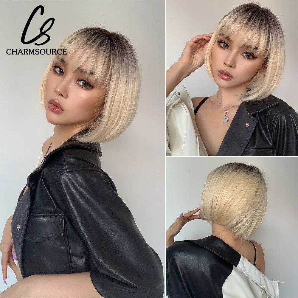 Short Straight Bob Synthetic Wigs with Bangs for Women Brown To Blonde Wig Cosplay Party Daily Heat Resistant Fiber Hair