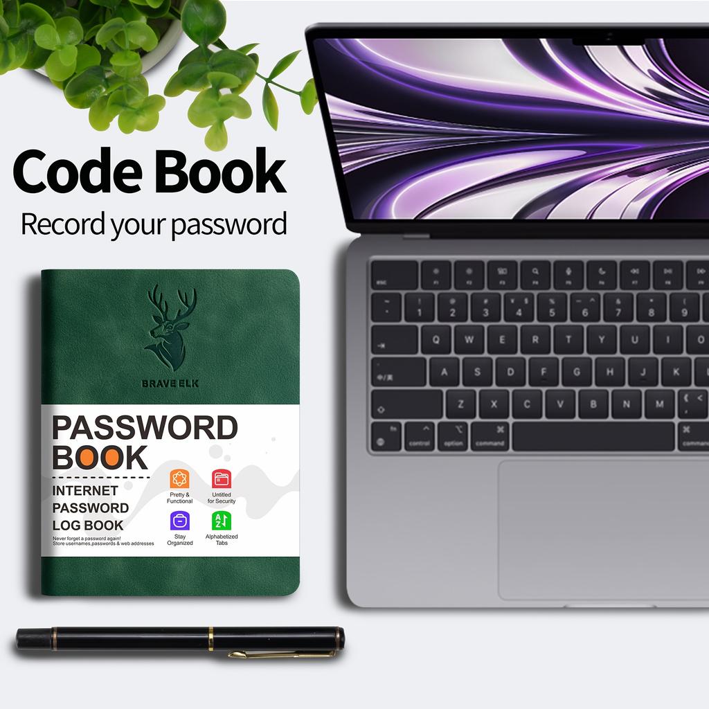 Bezpieczny dziennik w oprawie ze sztucznej skóry z dużym drukiem i zakładkami alfabetycznymi – zapobiega kradzieży tożsamości, bezpieczne przechowywanie haseł